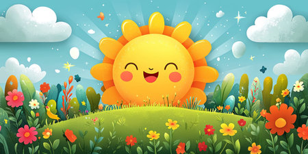 cartoon style with smiling sun, flowers and bright rainbow colors, fun design. Generative AIの素材