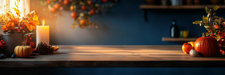 Cozy Thanksgiving kitchen backdrop with an empty wooden surface, traditional decor, and soft candlelight. Generative AIの素材