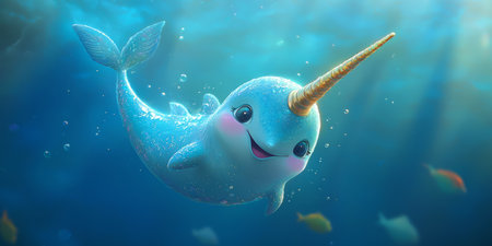 Cute narwhal with a golden pastel horn, softly painted in dreamy blues and pinks, whimsical sea life. Generative AIの素材