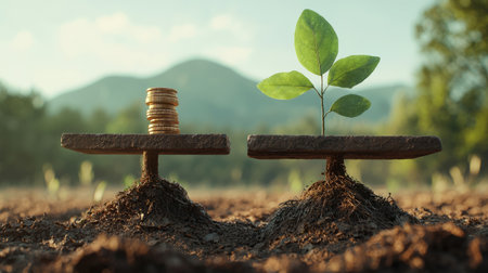 stack of coins on one side of the swing and the roots of a young tree on the other, symbolizing environmental sustainability. Generative AIの素材