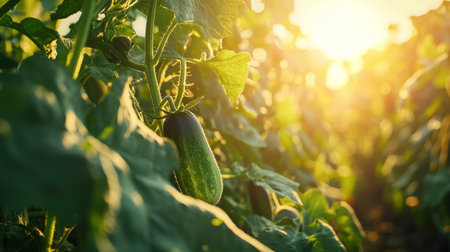 Cucumbers growing on a vine, fresh and ready to be harvested. Generative AIの素材