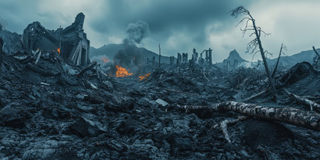 Destroyed landscape covered in ash and lava flow, remnants of trees and buildings in the foreground. Generative AIの素材
