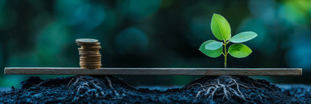 stack of coins on one side of the swing and the roots of a young tree on the other, symbolizing environmental sustainability. Generative AIの素材