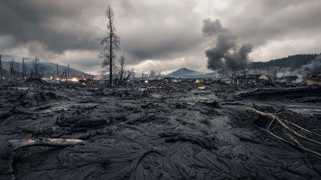 Destroyed landscape covered in ash and lava flow, remnants of trees and buildings in the foreground. Generative AIの素材