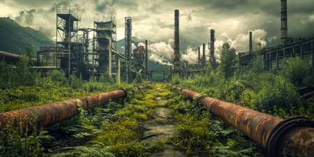 desolate landscape with crumbling factories, rusted pipes, and overgrown vegetation, depicting a world reclaimed by nature. Generative AIの素材