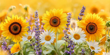 Flat-lay of summer flowers like sunflowers, daisies, and lavender on a bright yellow backdrop. Generativeの素材