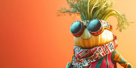 Fennel bulbs in colorful festive attire with patterned scarf on bright summer coral background. Generative AIの素材