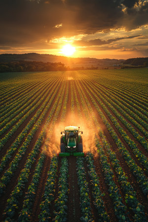 farmer driving a tractor across cabbage fields at sunset, warm rural landscape. Generative AIの素材