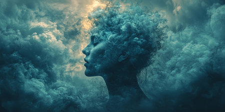 Dark storm clouds hovering over a person's head, symbolizing depression and negative thoughts. Generativeの素材