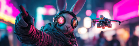 Cyberpunk Easter Bunny in Futuristic Cityscape. Generativeの素材