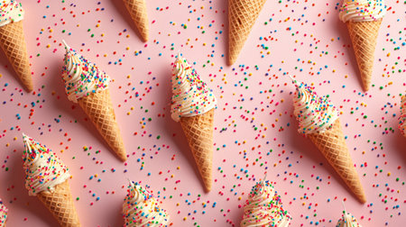 Colorful Ice Cream Cones with Sprinkles on Pastel Backgrounds. Generative AIの素材