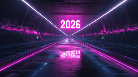 Futuristic glowing road with 2026 written in neon, sci-fi style background, New year. Generative AIの素材