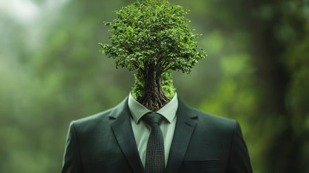 figure in a business suit turns into a tree trunk and branches, personifying corporate responsibility, which grows into concern for the environment. Generative AIの素材