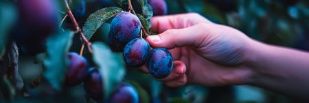 Farmer s hand picking a cluster of ripe plums from a tree in an orchard. Generative AIの素材