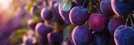 Fresh plums hanging in clusters, deep purple and ready to be picked. Generative AIの素材