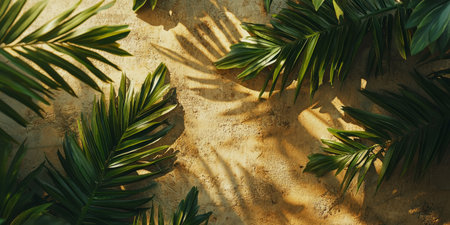 Flat lay of assorted tropical leaves with vibrant greens, shadows, and textures. Generative AIの素材
