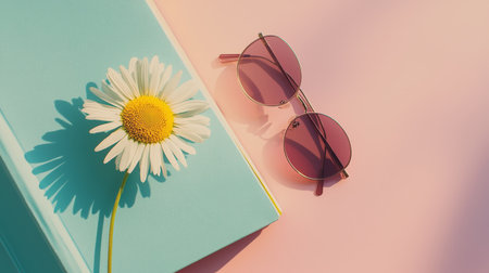 Summer flatlay with sunglasses, daisies, and Colorful books. Generativeの素材