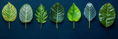 Flat lay of assorted tropical leaves with vibrant greens, shadows, and textures. Generative AIの素材