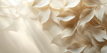 Elegant abstract beige background with overlapping leaf shadow layers, soft gradients, and a sunlit atmosphere. Generativeの素材