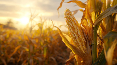 Fresh corn on the cob with golden kernels in a beautiful close-up. Generative AIの素材