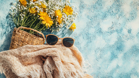 Summer Accessories and Flowers Flatlay with Straw Bag and Sunglasses. Generativeの素材