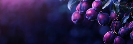 Fresh plums hanging in clusters, deep purple and ready to be picked. Generative AIの素材