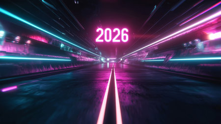 Futuristic glowing road with 2026 written in neon, sci-fi style background, New year. Generative AIの素材