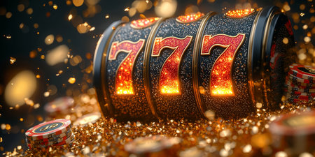 Elegant black-and-gold casino banner with glowing 777 and golden confetti. Generativeの素材
