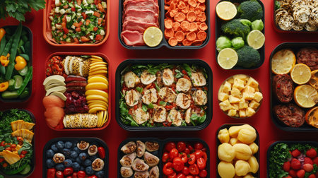 family dinner with several lunch boxes filled with healthy foods, red background. Generative AIの素材