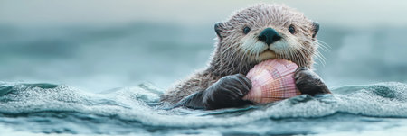 Fluffy sea otter holding a pastel pink seashell, floating on calm ocean waves, dreamy marine. Generative AIの素材