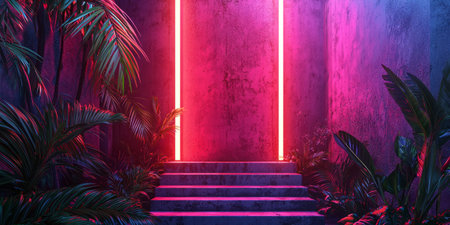 Industrial summer background with concrete textures, tropical plants, and pops of neon for an urban edge. Generative AIの素材