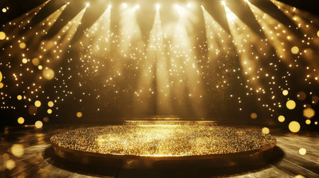 Luxurious Golden Stage with Sparkling Lights. Generativeの素材