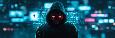 Anonymous hacker screen filled with overlapping digital noise, masked commands, and neon flashing symbols. Generative AIの素材