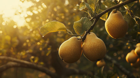 Golden pears on a branch, ready for harvest, with a soft background of orchard trees. Generative AIの素材