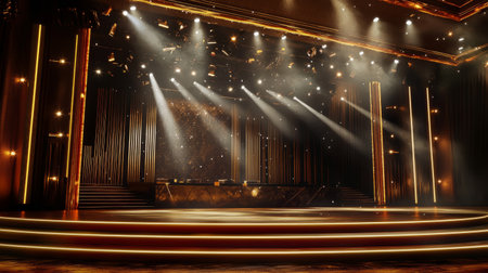 Luxurious Golden Stage with Dramatic Lighting. Generativeの素材