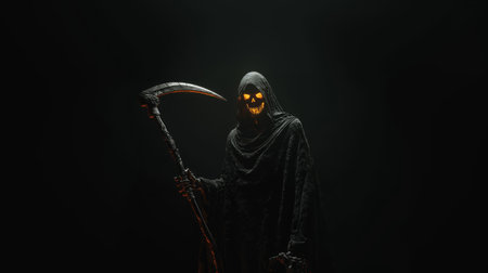Grim Reaper in a black hooded cloak, holding a scythe, glowing skeletal face against a black background. Generative AIの素材