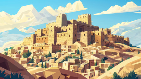 stone fortress atop a hill, overlooking an ancient city. Generative AIの素材