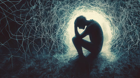 Person trapped inside their mind, tangled lines symbolizing overthinking and anxiety. Generativeの素材