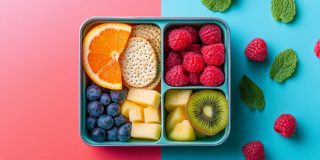 Kid-friendly bento box with colorful fruit slices, whole grain crackers, and cheese cubes, placed on a bright playful background. Generative AIの素材