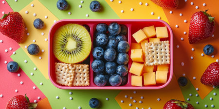 Kid-friendly bento box with colorful fruit slices, whole grain crackers, and cheese cubes, placed on a bright playful background. Generative AIの素材