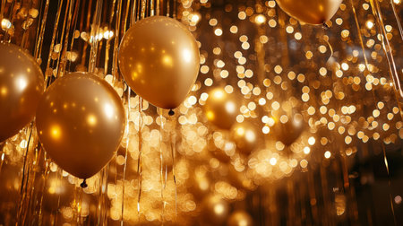 Luxurious Golden Balloons with Sparkling Lights. Generativeの素材