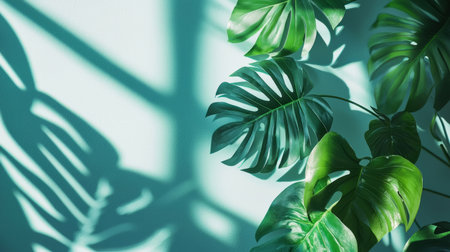 Tropical Leaves with Shadows on Colorful Backgrounds. Generativeの素材