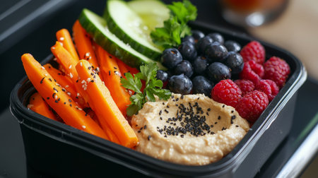 Healthy raw food lunchbox with hummus, veggie sticks, and fresh berries. Generative AIの素材
