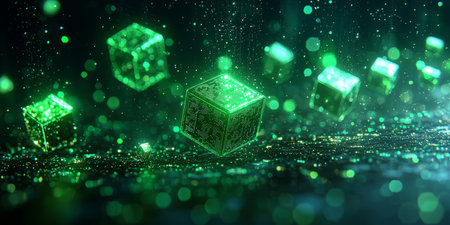 Minimal cyber-themed background with floating geometric shapes outlined in neon green. Generative AIの素材