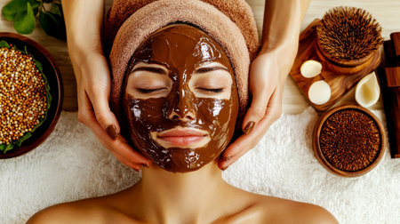 Luxury wellness spa environment with a professional beautician performing a hydrating clay facial mask on a young woman. Generative AIの素材