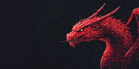 Minimalist 8-bit dragon icon in red and black, simple pixel design. Generative AIの素材