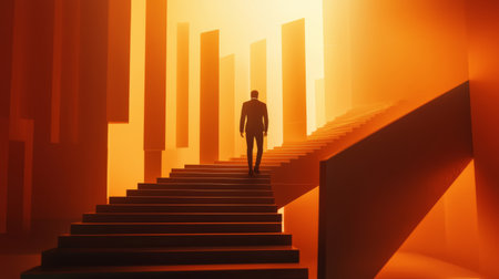 Minimalist background with a businessman climbing stairs made of bar charts, symbolizing growth and success. Generative AIの素材
