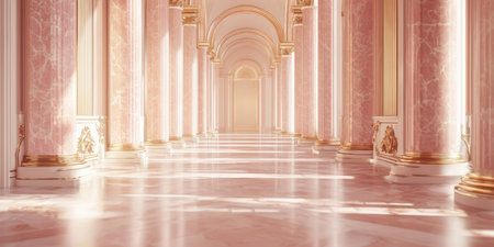 Neoclassical gallery-style corridor with light pink marble and gilded detailing. Generative AIの素材