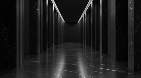 Modern corridor with sleek black marble, minimalist columns. Generative AIの素材
