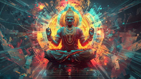 Hindu deities in futuristic surroundings, neon colors, abstract patterns and futuristic landscapes. Generative AIの素材